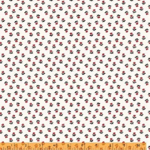 May include: White fabric with a repeating pattern of small red and black flowers. The fabric is shown with a measuring tape.