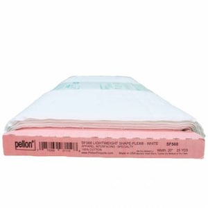 May include: A stack of white fabric rolls atop a pink box labeled "pellon". The box text reads "SF568 Lightweight Shape Flex - White" and "Apparel Interfacing". The fabric is 20 inches wide and 25 yards long.