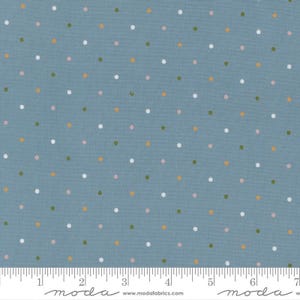May include: A blue fabric with a repeating pattern of small, evenly spaced polka dots in white, pink, green, and gold. The fabric has a textured appearance and a ruler is at the bottom.