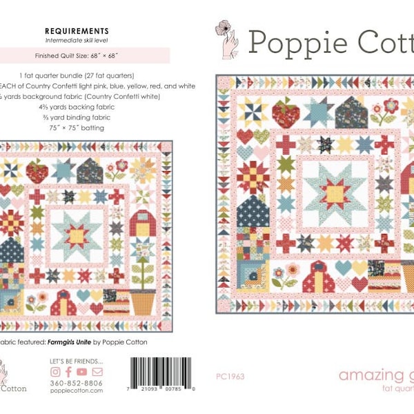 Amazing Grace Quilt Pattern by Poppie Cotton~ Featuring Farmgirls Unite Fabrics~ PC1962 ~ Finished Size: 68" X 68"