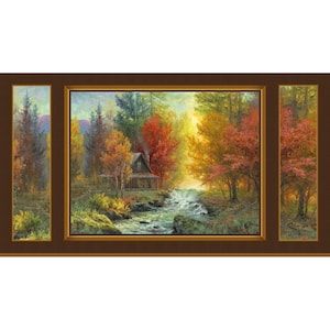 Autumn Retreat Collection Cabin in the Woods Fabric Panel by Abraham Hunter for P&B Textiles (24&quot; x 45&quot;) Wide~100% Cotton #PNBARET-5578-PA