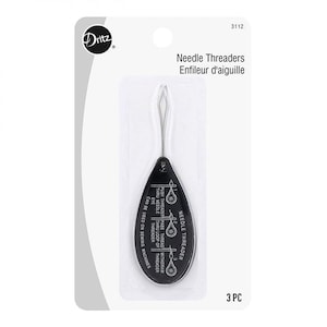 May include: A package of Dritz needle threaders. The package includes three black and silver needle threaders. The package has the text "Needle Threaders Enfileur d'aiguille" and "3 PC". The needle threaders are used for sewing.