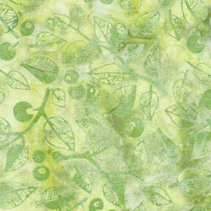 May include: A fabric with a repeating pattern of green leaves and berries on a light yellow background. The leaves have intricate vein details, and the berries are small and round. The overall design has a watercolor effect.