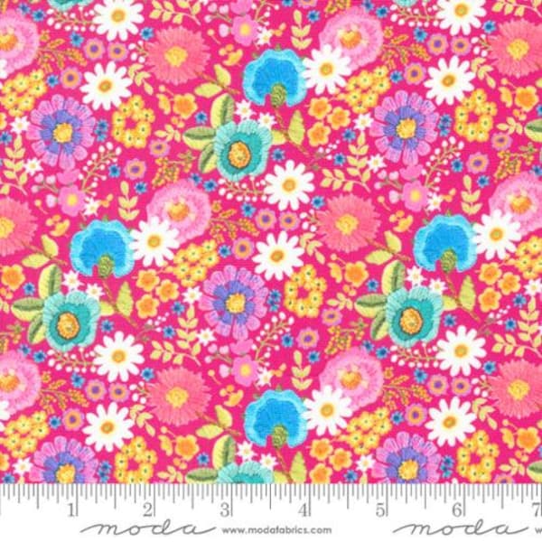 Vintage Soul Collection Novelty Ditsy Floral Crewel Embroidery Pink Yardage by Cathe Holden for Moda Fabrics #7436-20 100% Cotton