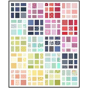 May include: A chart of 64 different fabric patterns, organized in a grid. The fabrics are in a variety of colors, including pink, blue, green, yellow, and red. The chart is titled "Simply by Design" and "By Melissa Corry". The text "scrap or fat eighth/fat quarter friendly in 6 sizes" is below the chart. The logo "Happy Quilting" is at the bottom of the chart.
