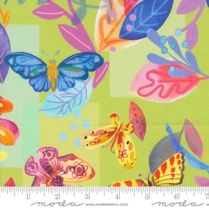 Flower Patches Butterfly Meander Light Green Florals Yardage (44&quot;/45&quot;) Wide by Amarilys Henderson for Moda Fabrics 100% Cotton #21820-15