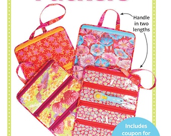 May include: Four colorful zippered pouches with vinyl pockets and a mesh pocket on the back. The pouches have handles that can be adjusted to two lengths. The text "Pocket Packers" is at the top of the image. The text "Includes coupon for $5 Add-On Video Tutorial" is at the bottom of the image.