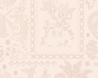 Vintage Embroidery Coral Cotton Fabric: Granny Chic Wide Back by Lori Holt