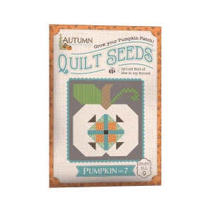 May include: A quilting pattern for a pumpkin shaped quilt block. The pattern is called "Quilt Seeds" and is part of a collection of 9 pumpkin patterns. The pattern is designed by Lori Holt of Bee in my Bonnet. The pattern features a white pumpkin with a green stem and a blue and orange patchwork design.