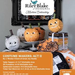 May include: A collection of fabric pumpkins and spiderweb coasters featuring machine embroidery designs by Riley Blake Designs. The set includes a stack of fabric squares, a white pumpkin, an orange pumpkin, and a patterned pumpkin on a stand.