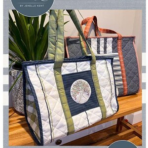 May include: Two quilted tote bags with different patterns. The larger bag is green, white, and blue with a tree design. The smaller bag is black, white, and red with stripes. The text "Tree Change Bags" is at the top of the image. The text "Made with Vista Wovens and Toweling" is at the bottom of the image. The bags are 16 inches wide by 12 inches high by 6 inches deep (40 cm x 30 cm x 15 cm) and 18 inches wide by 16 inches high by 9 inches deep (45 cm x 40 cm x 22 cm).