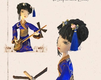 Keiko playing a Shamisen -  11" Kneeling Art Doll Pattern and Instructions, PDF Cloth Doll Making Sewing Pattern by Norma Inkster