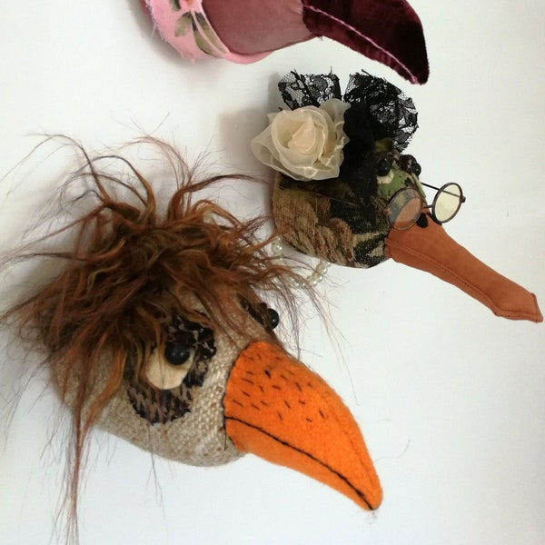 New!  Dayton and Bonnie,  cheeky bird heads to decorate your walls - PDF Cloth Doll Making Sewing Pattern by Jill Maas - Art Doll