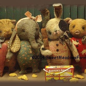 Animal Crackers, Cloth Doll Animal Patterns by Maureen Mills of Sweet Meadows Farm Design. PDF Instant Download