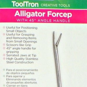 May include: Silver alligator forceps with serrated jaws at the tip. The forceps have a 45 degree angle handle. The packaging features a cartoon alligator with green and white colors. The text on the packaging reads "Tool Tron Creative Tools Alligator Forcep with 45° Angle Handle".