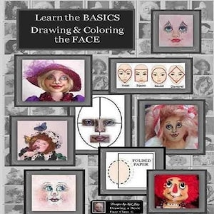 Peut inclure: Un collage d'images montrant comment dessiner et colorier un visage. Les images comprennent différentes formes de visage, un gros plan sur le visage d'une poupée et une technique de pliage de papier. Le texte "Learn the BASICS Drawing & Coloring the FACE" est en haut de l'image.