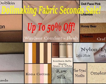 Fabric Seconds Sale, 50% Off Wrinkled, Creased, and/or End of Bolt Kona Cotton, Craft Velour and more Dollmaking Fabric - Always Updating!