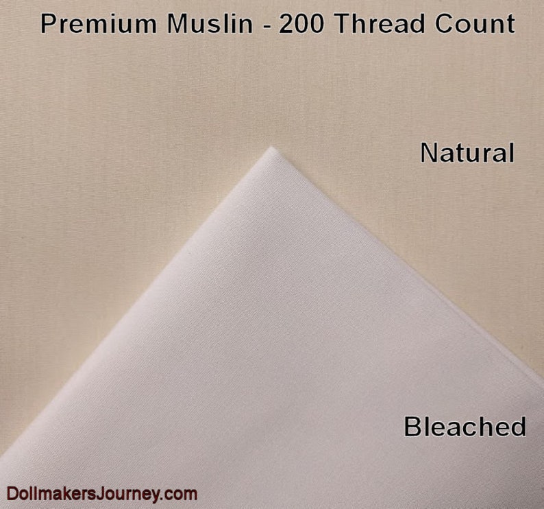 May include: A close-up of two fabric swatches, one natural and one bleached. The fabric is a premium muslin with a 200 thread count. The text "Premium Muslin - 200 Thread Count" is at the top of the image. The text "Natural" is on the right side of the image and the text "Bleached" is on the right side of the image.