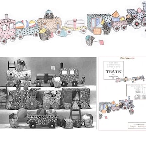 May include: A black and white illustration of a toy train with colorful fabric details. The train is made up of a locomotive, a boxcar, a flatcar, and a caboose. The train is surrounded by various other toys, including a ladder, a ball, and a block.