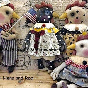 May include: Four handmade fabric doll chickens, two with red, white, and blue outfits, one with a yellow and white dress, and one with a red and white checkered dress. The dolls are sitting on a textured surface with the text "Mini Hens and Roo" below them.