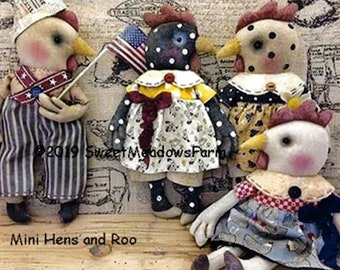 Mini Hens and Roo,  10"  Cloth Doll Making Pattern by Maureen Mills of Sweet Meadows Farm Design. PDF Instant Download Sewing Pattern