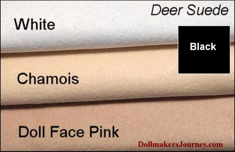 May include: Four fabric swatches in different colours: white, chamois, doll face pink, and black deer suede. The swatches are folded over to show the texture of the fabric.