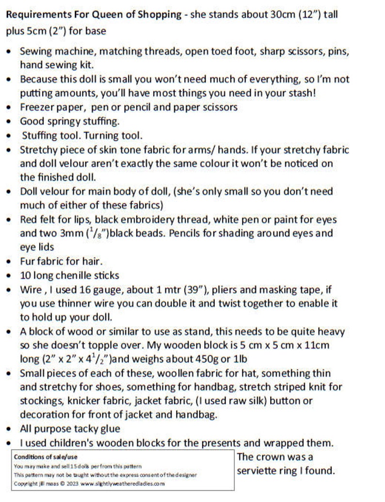 Queen of Shopping - Supply List for Cloth Doll Pattern by Jill Maas