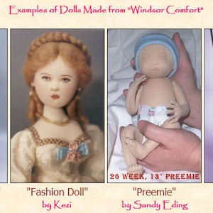 May include: Four handmade dolls made from "Windsor Comfort" fabric. The dolls are a seated nude doll, a dressed doll with a white and blue dress, a nude baby doll, and a doll with a brown and black dress and a headdress. The dolls are labeled "Country Comfort", "Fashion Doll", "Preemie", and "Earth Angel".