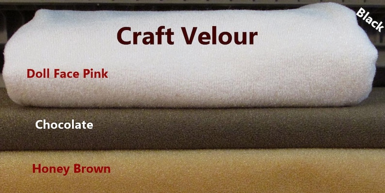 May include: Four fabric swatches of Craft Velour in the colors Doll Face Pink, Chocolate, Honey Brown, and Black.