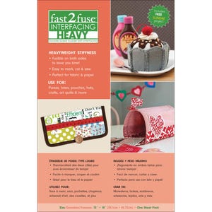 May include: A package of Fast 2 Fuse Heavy interfacing, a double-sided fusible stiff interfacing. The package includes a free sundae project. The package also shows a fabric wallet, a felt sundae, and a fabric mailbox. The interfacing measures 15" x 18" (38.1cm x 45.72cm).