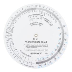 May include: A white circular proportional scale tool with a black needle and a black and white dial. The dial has markings for percentages, numbers, and sizes. The tool is labeled "PS 69" and "Westcott" in black text.