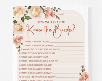bridal shower games | how well do you know the bride | wedding party | blush roses floral boho neutral | printable editable digital download