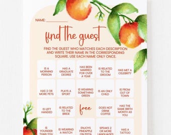 bridal shower games | bingo find the guest | wedding party | orange blossom citrus fruit spring summer | printable editable digital download