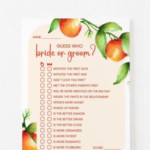 bridal shower games | guess who | who said it | wedding party | orange blossom citrus fruit spring summer | printable editable download