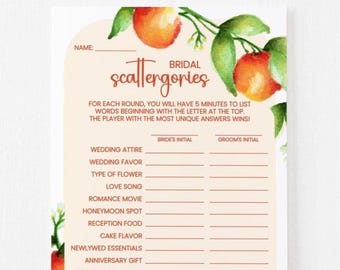 bridal shower games | scattergories | wedding hen party trivia | orange blossom citrus fruit spring summer | printable editable download