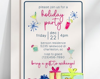 christmas party invitation template | retro holiday | colorful cocktail vintage mid century modern invite | printable digital download