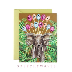 Tarjeta de feliz cumpleaños de elefante - Acuarela, adorable, bohemia, tropical, selvática, vida silvestre, africana, papelería preppy - "Trunks Up"