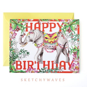 Tarjeta de feliz cumpleaños con elefante: bonita, bohemia, selvática, fauna silvestre, papelería preppy - "Bejeweled Jungle"