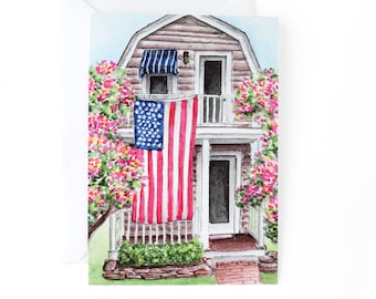 House, Architecture, Patriotic, USA, American Flag, Fourth of July, Memorial Day, New England, Summer, Preppy, Mini A1 Notes Gift Stationery