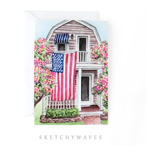 Maison, Architecture, Patriotique, États-Unis, Drapeau américain, 4 juillet, Memorial Day, Nouvelle-Angleterre, Été, Preppy, Mini-notes A1 Papeterie-cadeau