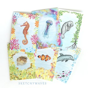 Sea Animals Mini Cards-Seahorse, Jellyfish, Manatee, Pufferfish, Clownfish, Dolphin-Thank you,Ocean, Nautical, Cute, Preppy, Gift Stationery