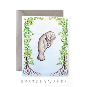 Carte vierge lamantin - aquarelle, Floride, vache marine, mangrove, océan, Everglades, tropical, faune, nature, preppy papeterie - coffret