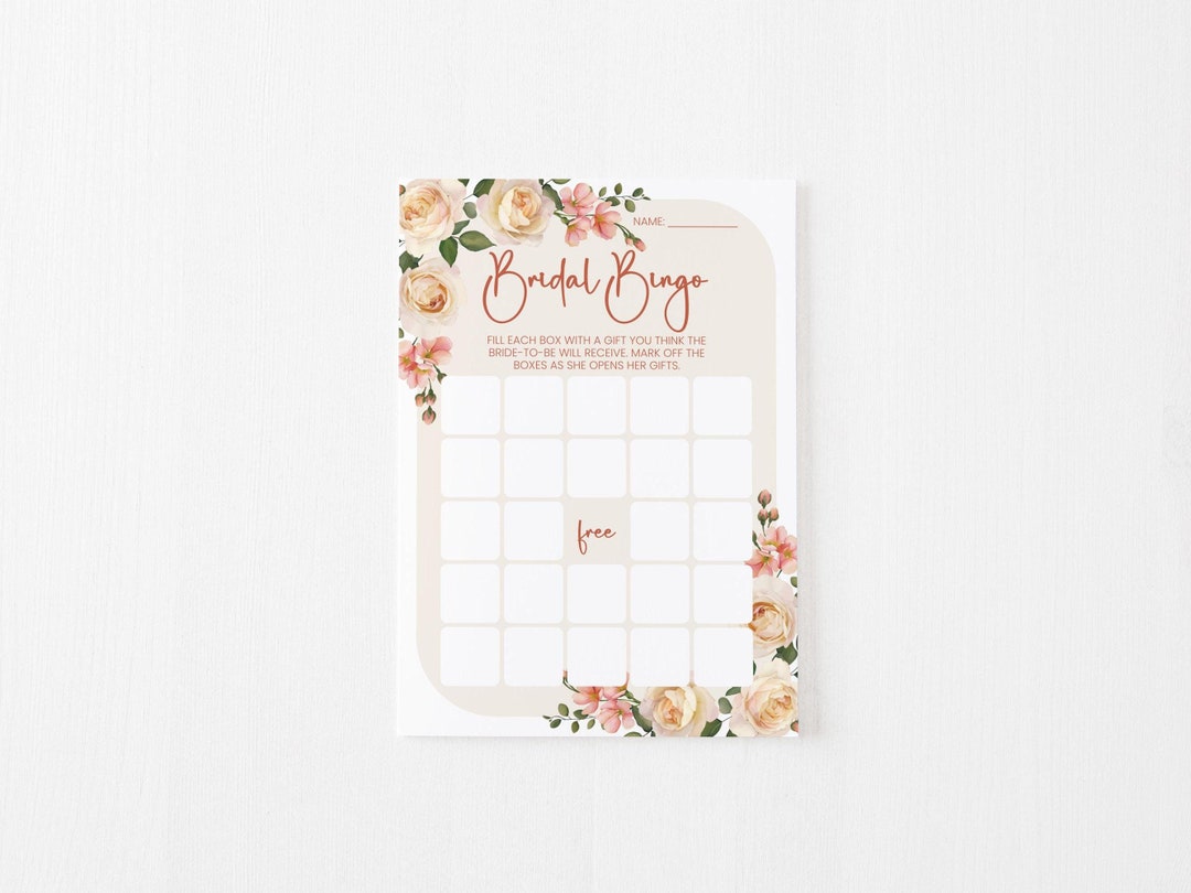 Bridal Shower Games Bingo Wedding Party Blush Roses Floral Boho Neutral