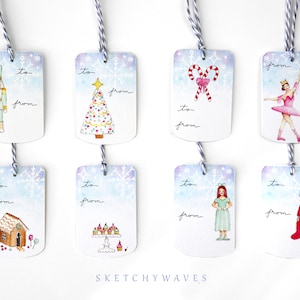 May include: Eight watercolor gift tags with a winter theme. The tags feature illustrations of a nutcracker, a Christmas tree, candy canes, a ballerina, a gingerbread house, cupcakes, a girl in a green dress, and a king. Each tag has the words "to" and "from" written on it.