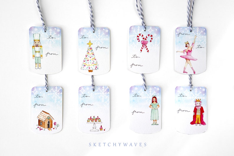 May include: Eight watercolor gift tags with a winter theme. The tags feature illustrations of a nutcracker, a Christmas tree, candy canes, a ballerina, a gingerbread house, cupcakes, a girl in a green dress, and a king. Each tag has the words "to" and "from" written on it.