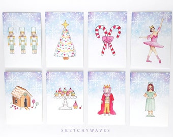Nutcracker Christmas Cards - Candy Canes, Ballerina, Gingerbread House, Cupcakes, Mouse King, Clara - Kids Party Thank You - Boxed Set