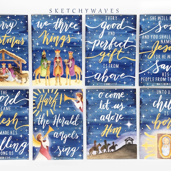 Biblical Christmas Cards - Nativity Scene, Christian, Scripture, Bible Verses, Religious - Three Kings - Watercolor, A7, Holiday, Boxed Set