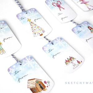 May include: Set of eight watercolor gift tags featuring winter holiday themes. Each tag has a different illustration, including a gingerbread house, a Christmas tree, a nutcracker, a ballerina, a candy cane, a cupcake stand, and a girl in a blue dress. The tags are printed on white cardstock with a blue watercolor background and snowflakes.