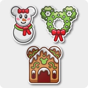 May include: Three Christmas stickers: a snowman with a red bow and scarf, a green wreath with a red bow, and a gingerbread house with white icing and green details. Each sticker has a white border.