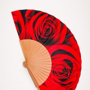 Wood and fabric folding hand Fan handmade in Spain with red roses. Flamenco style. Gift for women. Modern and original. Medium size 9"
